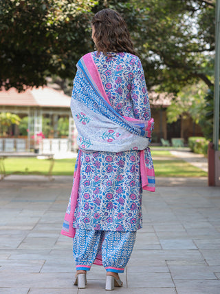 Women Blue Floral Printed Straight Kurta With Afghani Salwar and Printed Dupatta