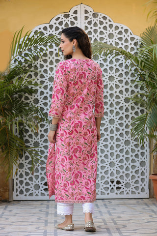 Pink Floral Printed Cotton Straight Kurta for Women