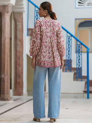 Pink Ethnic Motif Print Lace Top