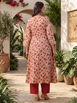 Beige Ethnic Motif Print Lace 3-Piece Kurta Set