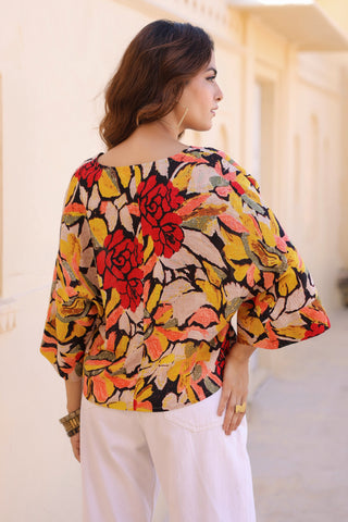 Floral Print Kimono Sleeve Kaftan Top