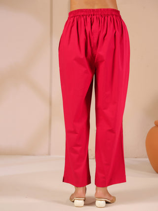 Pink Solid Cotton Trousers with Pockets