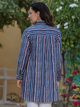 Women Indigo Striped Pure Cotton Shirt Tunic, Shirt collar