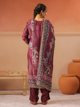 Wine panel printed silk blend kurta set with solid trousers and printed dupatta