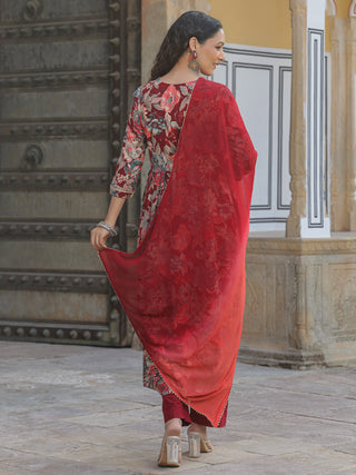 Women Maroon Floral Printed A-line Kurta With Solid Trouser And Dyed Dupatta