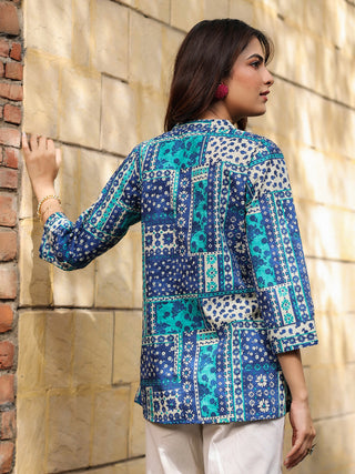 Women Blue Abstract Print A-Line Pure Cotton Kurti