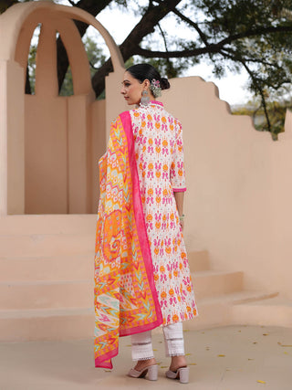 Women Ikat Printed Pure Cotton Kurta with Trousers & Dupatta