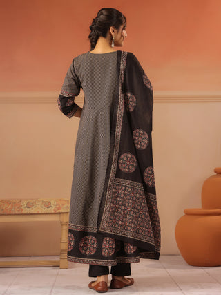 Black cotton chevron printed anarkali kurta set with solid trouser and printed cotton dupatta