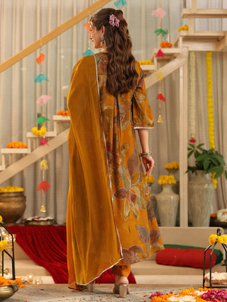 Mustard Floral Chanderi A-Line Kurta Set with Pocket