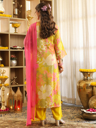 Lime Yellow Floral Print Straight Kurta Set with Pocket