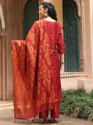Maroon Jacquard Print 3-Piece Straight Kurta Set