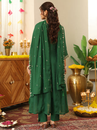 Green Embroidered Anarkali Kurta Set with Pocket