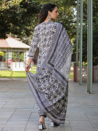 Women Grey Floral Printed Straight Kurta With Afghani Salwar And Printed Dupatta