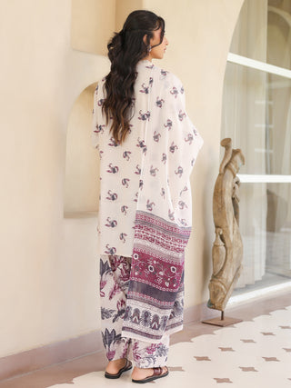 Off White Ethnic Motif Print Lace 3-Piece A-Line Kurta Set