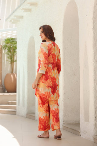 Women Peach Tropical Printed Lace Inserts Pure Cotton Tunic With Trouser