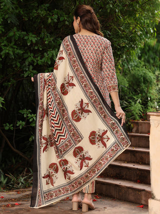 Rust Striped Embroidered 3-Piece Straight Kurta Set