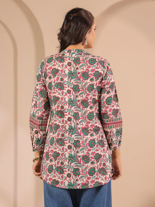 Green Floral Print Cotton Mandarin Collar Top