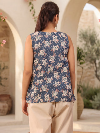 Blue Floral Print Cotton Sleeveless A-Line Top