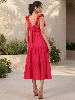 Pink Solid Cotton Tiered Dress with Pocket