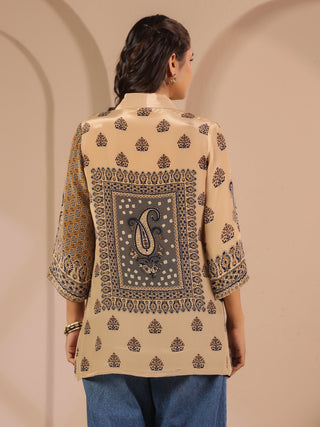 Beige ethnic printed crepe shirt