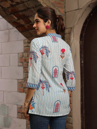 Women Blue & Off White Ethnic Motifs Printed Pure Cotton Kurti