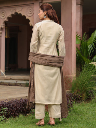 Beige Embroidered 3-Piece Straight Kurta Set