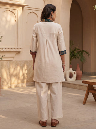 Womens Pure Cotton Floral Printed Shirt Collar Solid Tunic with Trousers