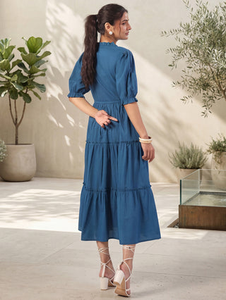 Teal Solid Flared Midi Dress with V-Neck Mandarin Collar
