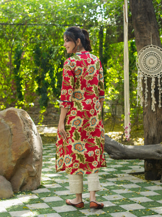 Women Red Floral Printed Pure Cotton Straight Kurtas