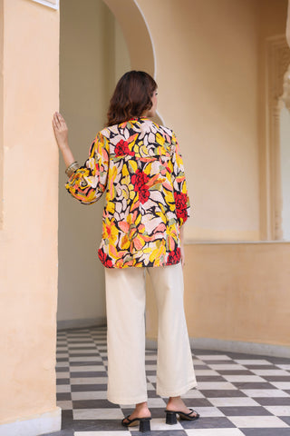 Printed Mandarin Collar Top & Trousers Co-Ords