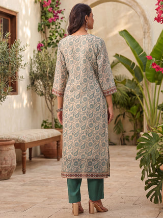 Cream Floral Print 3-Piece Kurta Set