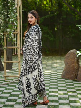 Women Black Ikat Printed Pure Cotton Straight Kurta With Printed Trouser And Printed Dupatta