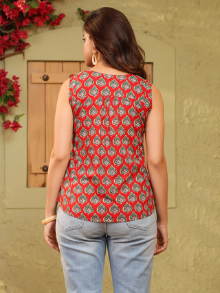 Red Printed Cotton Sleeveless Top with V-Neck