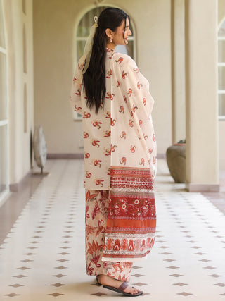 Off White Ethnic Motif Print Lace 3-Piece A-Line Kurta Set