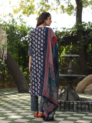 Women Navy Blue Ethnic Printed Cotton Embroidered Straight  Kurta With Printed Trousers and Printed Dupatta