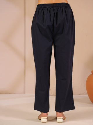 Blue Solid Cotton Trousers with Pockets