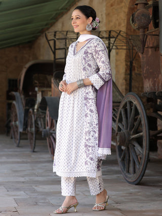 Women white and purple floral mix and match printed A-line kurta with pintuck and embroidery