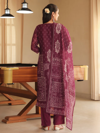 Wine Ethnic Motif Print 3-Piece Straight Kurta Set