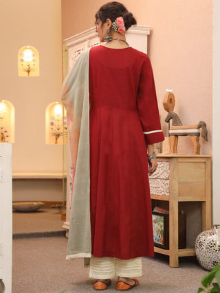 Red Solid Lace 3-Piece Kurta Set