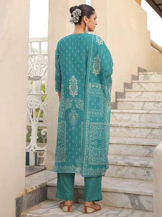 Teal Ethnic Motif Print 3-Piece Straight Kurta Set