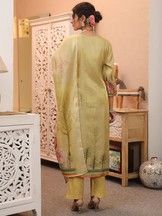 Peacock Printed Thread Work Chanderi Cotton Kurta With Trousers & Dupatta