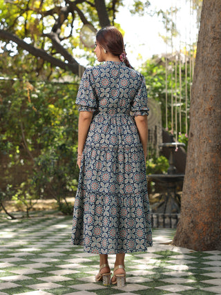 Women Blue Ethnic Motifs Printed Tiered Pure Cotton A-line Midi Dress