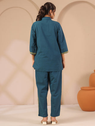 Teal blue solid embroidered cord set with shirt style tunic and matching trouser