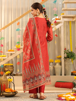Red Panel Print Straight Kurta Set with Pant Pocket
