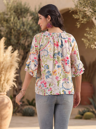 White Paisley Print Rayon Crepe Top