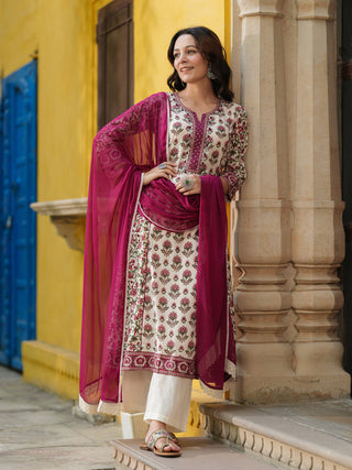 Women Ethnic Motifs Printed Regular Pure Cotton Kurta with Trousers & With Dupatta