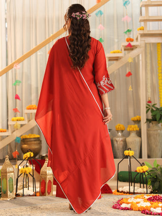 Rust Embroidered Mul Chanderi Straight Kurta Set with Dupatta