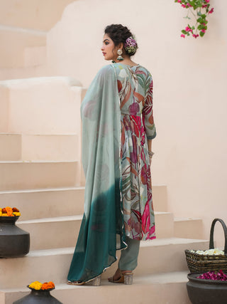 Women Green Chinon Printed A-line Empire Kurta With Trouser And Shaded Dupatta