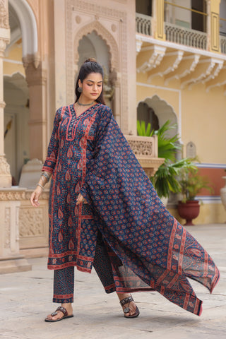 Women Ethnic Motifs Printed Pleated Pure Cotton Kurta with Trousers & With Dupatta