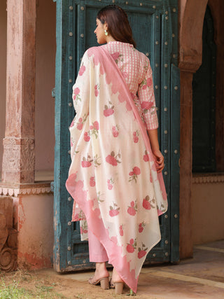 Pink Floral Print 3-Piece Straight Kurta Set